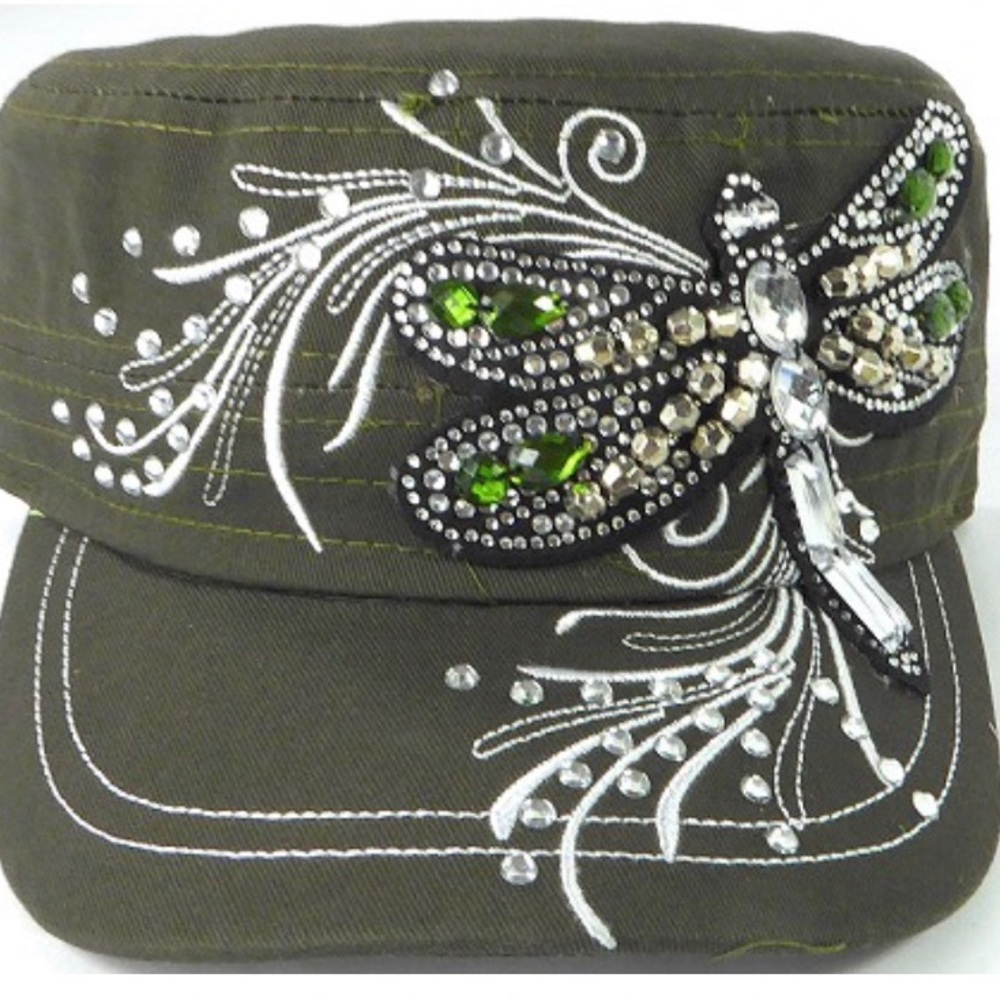 🌺🌷🌸New Olive Green Cadet Hat Dragonfly